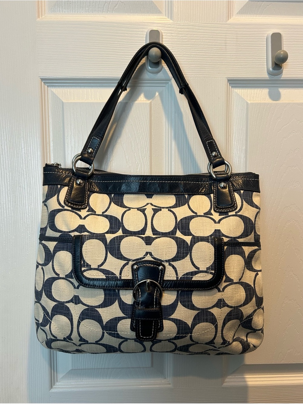 RARE Coach Poppy Signature C Crosshatch Canvas Glam Tote Denim blue and white